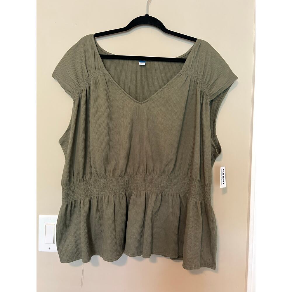 Old Navy Smocked Waist Top Blouse Women's 3X Green V-Neck Pullover